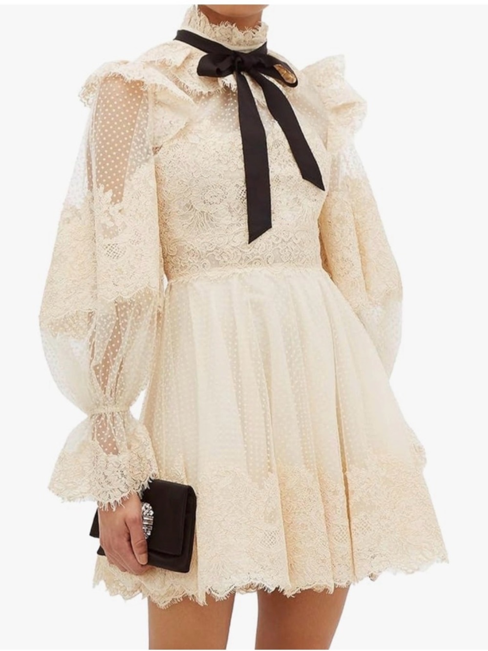 Cream Lace Mini Dress with Black Bow Tie